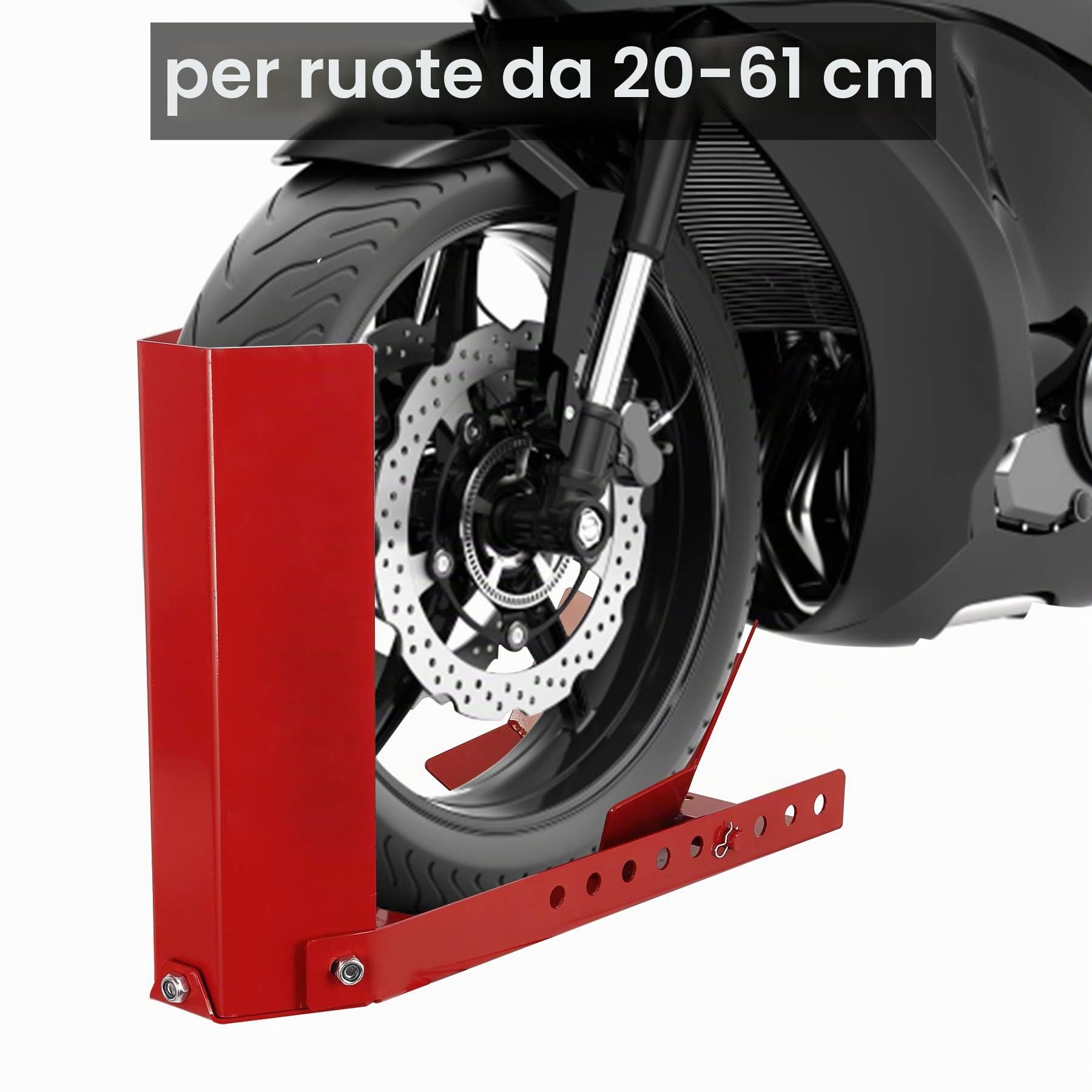 Altalena per moto, 1 morsetto anteriore per moto, con 3 fori per bulloni di ancoraggio, adatto per pneumatici da 8 a 24 pollici, supporto per il trasporto della ruota, guida di carico
