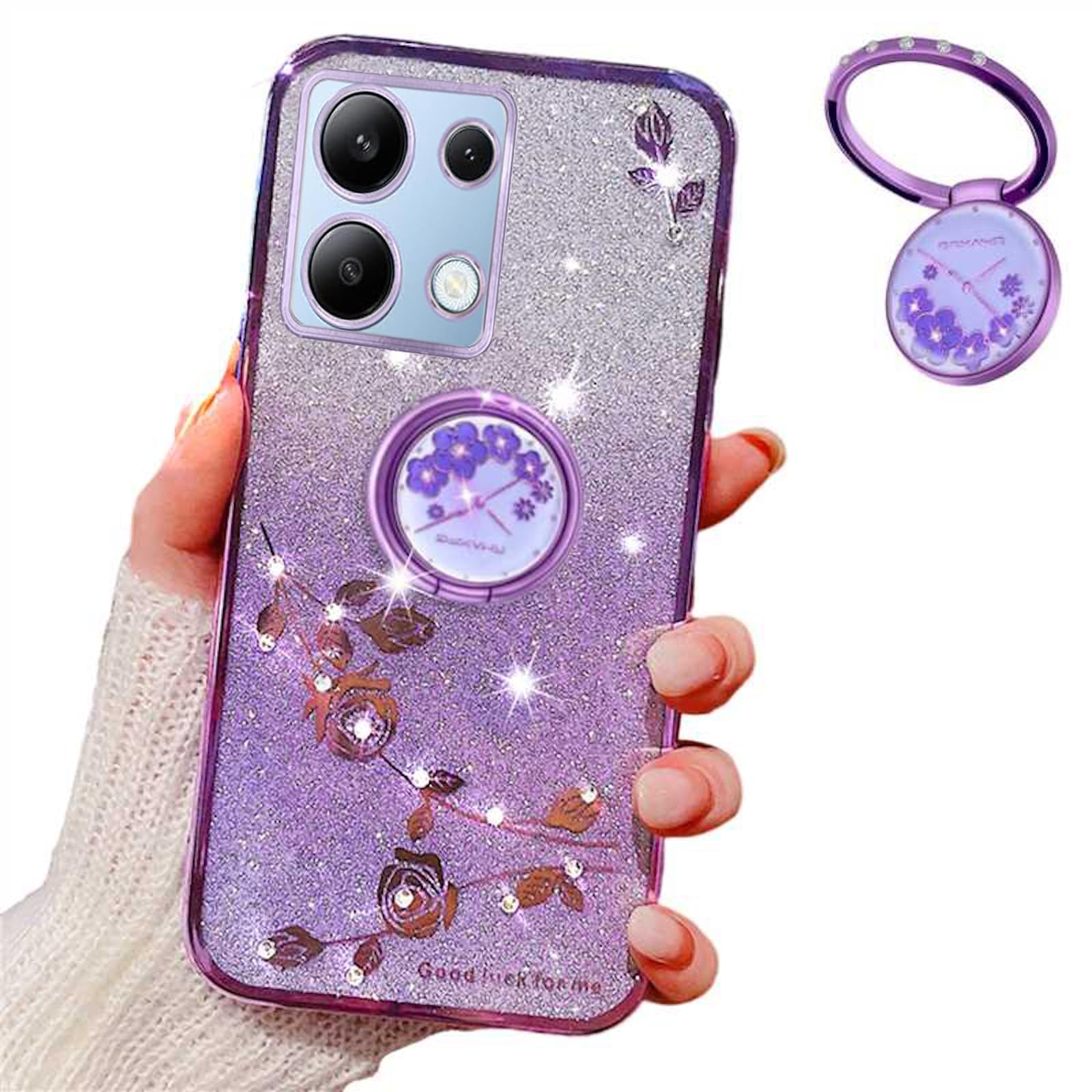 for Xiaomi Poco X6 Pro 5G / Redmi K70E 5G Case for Women Girls, Luxury Plating Bling Glitter Sparkle Flowers Shockproof Case with Ring Stand for Xiaomi Poco X6 Pro 5G.Flowers Purple