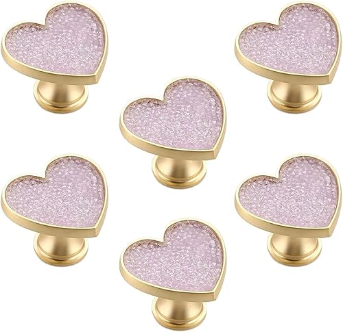 Pomo de cristal morado en forma de corazón, 6 piezas de pomo de puerta de gabinetes, manija de un solo agujero para sala de estar, dormitorio, baño,