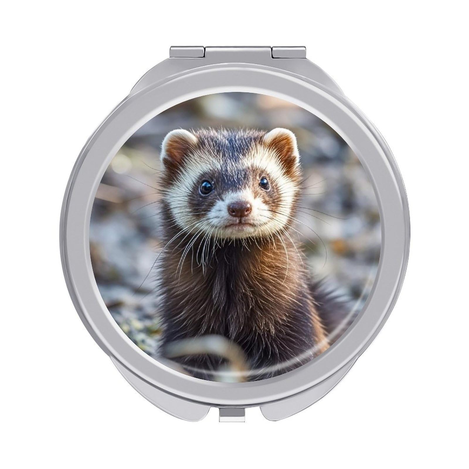 FekiLoot Hairy Ferret Travel Makeup Mirror for Women Folding Portable Hand Compact Mirrors Small Round Vanity Mirror 1X/2X Magnifying Metal Pocket Makeup Mirrors