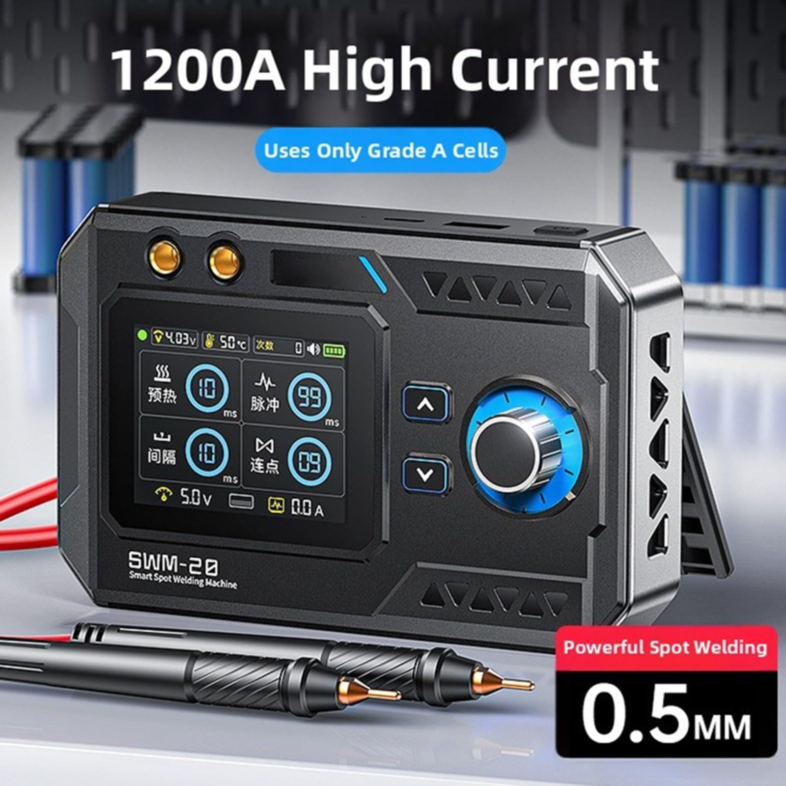 SWM-20 - Saldatrice a punti a doppia pulsazione, tenuta a mano, 1200 A, alta corrente con batteria ricaricabile da 5000 mAh, penna di saldatura in rame e display a colori TFT da 2,4 pollici