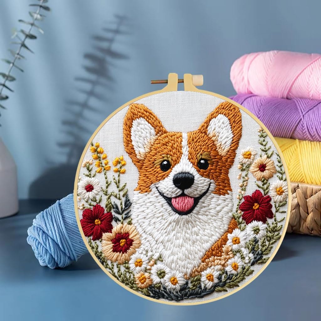 Punch Needle Kits Corgi Dog in Flowers Embroidery Starter Set with Hoop Easy for Beginners DIY Stress Relief Handmade Craft Hobby and Home Decor 20x20cm-3