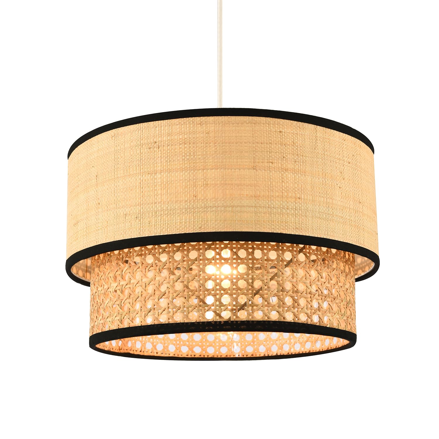 Rackhams Black Modern Double Tier Real Natural Rattan Pendant Shade With Trims