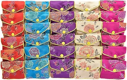 handrong 30 bolsas de seda bolsa de regalo de joyería pequeña brocado chino organizador de monedas bordado bolsillo con cierre de broche y