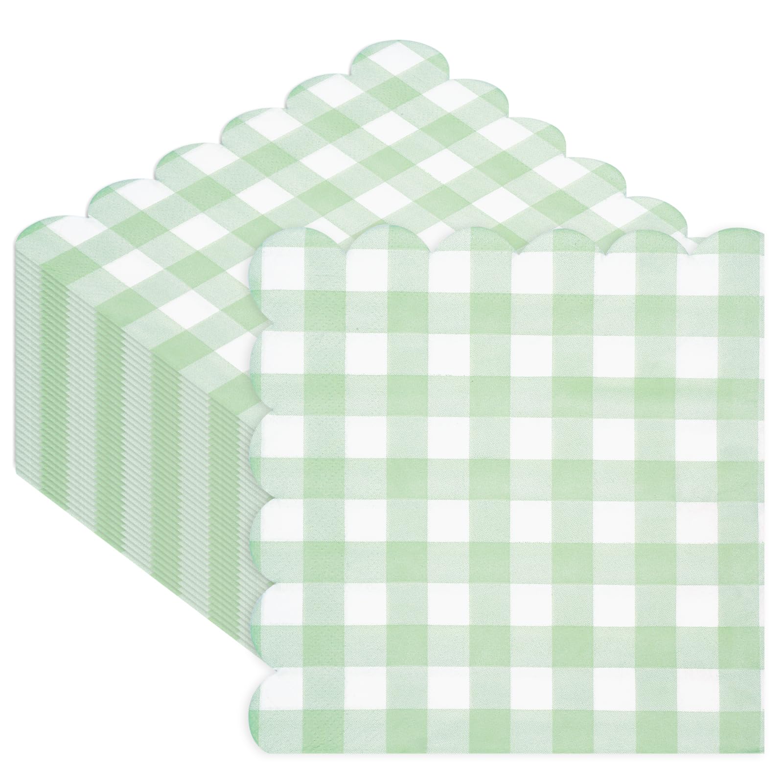 50Pcs Light Green Paper Gingham Napkins, 33x33cm Scalloped Disposable Sage Green White Party Serviettes, Plaid Napkins for Girls Women Picnic Wedding Birthday Baby Shower Party Supplies