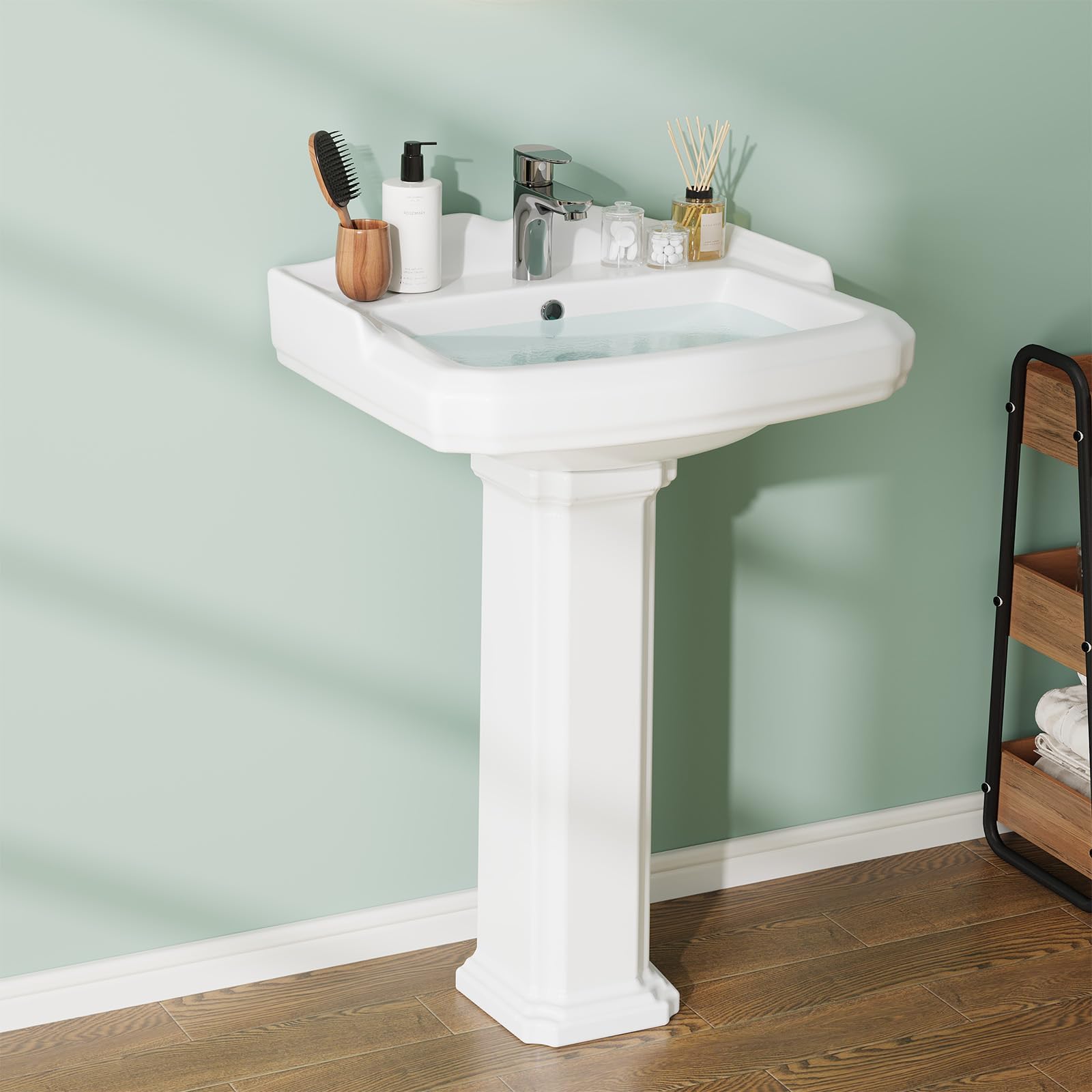 Senfot Square Classic Pedestal Sink, Bathroom Pedestal Sink 19 X 23 Inch White Ceramic Pedestal Bathroom Sink Freestanding Ceramic Sink With Single