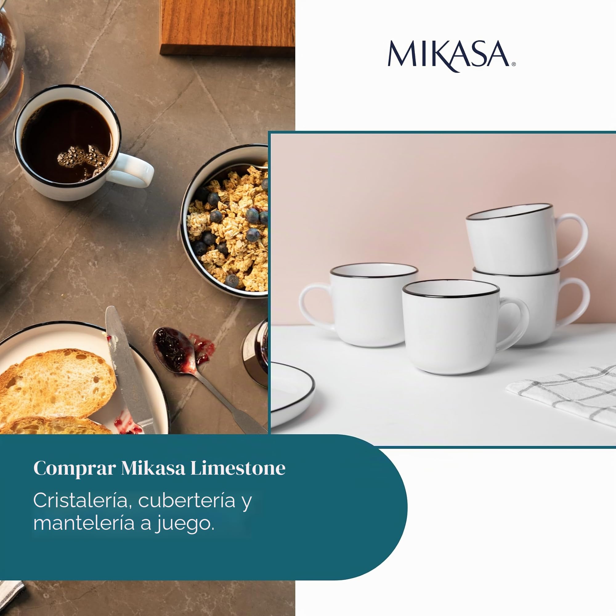 Mikasa Limestone Juego de Tazas de Porcelana, 4x Tazas de Porcelana con Borde Negro para Té y Café, 360ml| En Caja de Regalo y Aptas para Lavavajillas