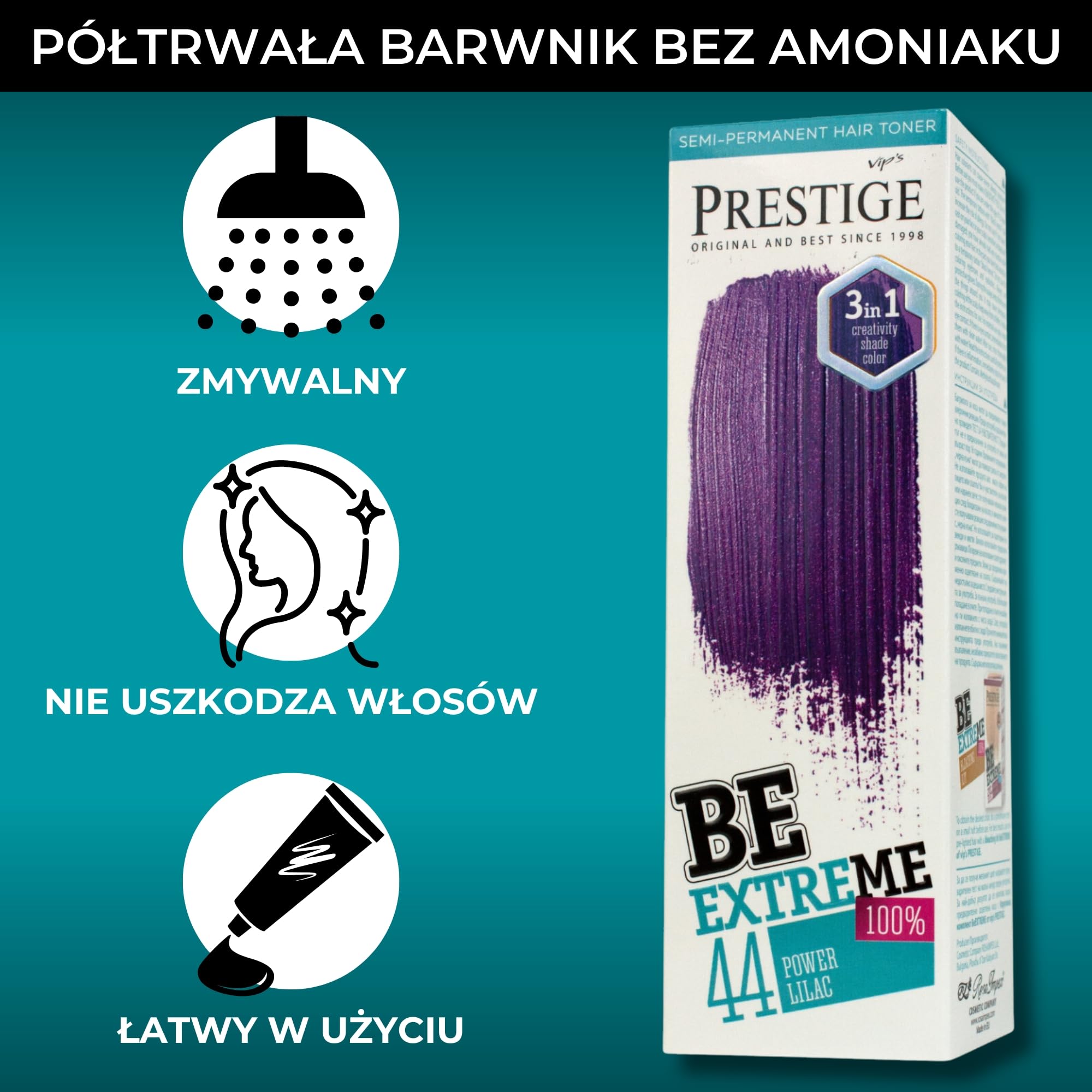 Vip's Prestige Be Extreme | Półtrwały tonik do włosów Kolor 44 Fioletowy intensywny | Czysty pigment | Nadaje kolor rozjaśnionym lub siwym włosom | Bez amoniaku, parabenów i PPD