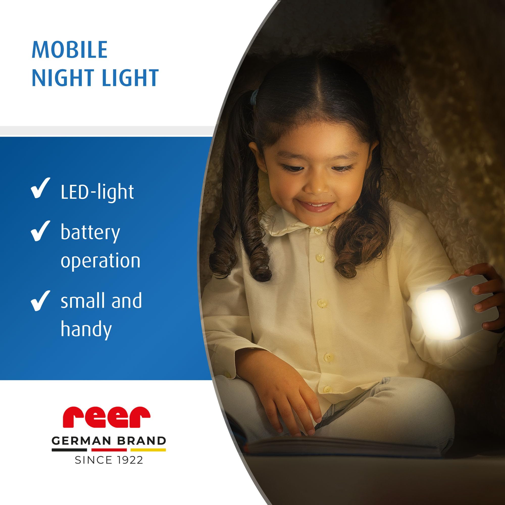 reer SleepLight 2 w 1 | lampka nocna do gniazdka elektrycznego i z zasilaniem akumulatorowym | tryb On-Off i czujnik | nastrojowe światło dla dzieci | niebiesko-szara