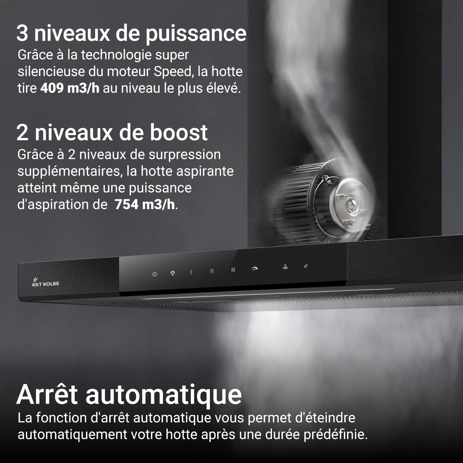 KKT KOLBE Hotte murale 90 cm A+++ | 754 m³/h recyclage ou évacuation | mode automatique | noir verre | arrêt différé | éclairage LED bi-couleur | commande tactile | SHAPE9005S