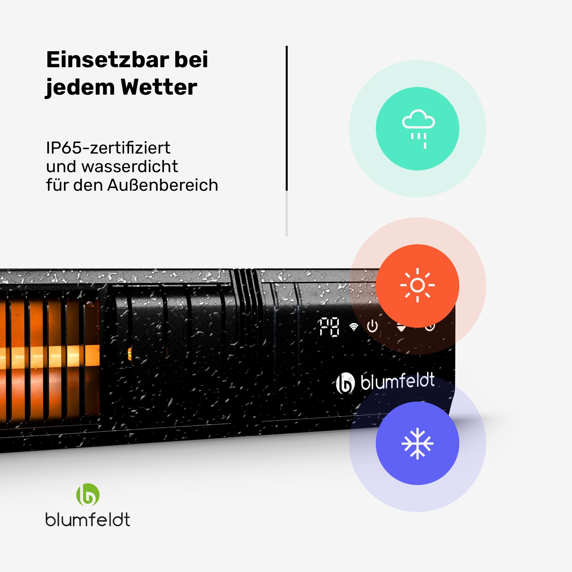 blumfeldt Infrarotheizung 2000 W – Wand & Deckenmontage, IP65 Wasserdicht, 9 Heizstufen, Smarte WLAN-Steuerung, Goldröhren, Kindersicherung, für Balkon, Terrasse & Garten