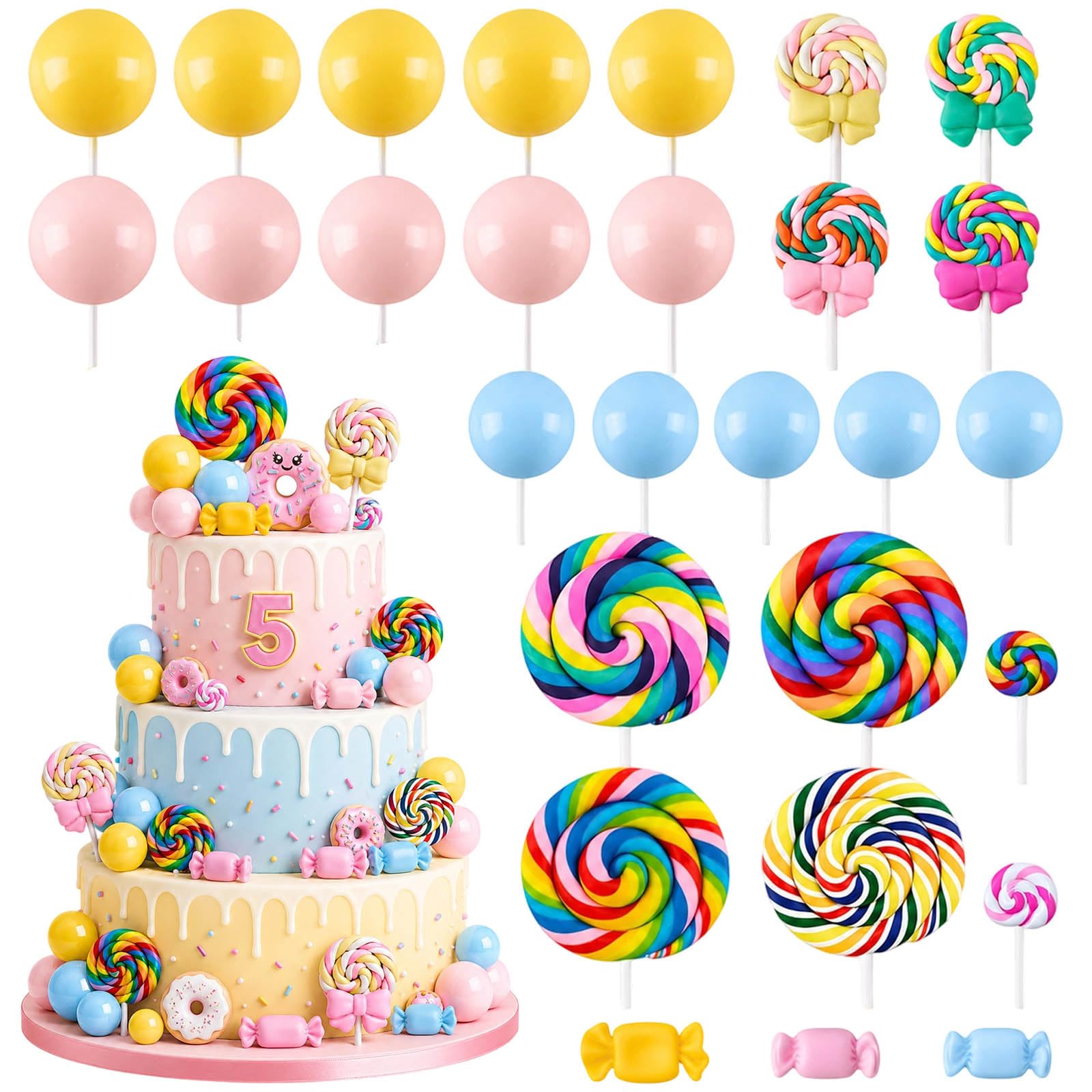 Rainbow Cake Decorations, Birthday Cake Decorations Set, Party Cake Toppers for Themed Events, 28-Piece Colourful Cake Embellishments