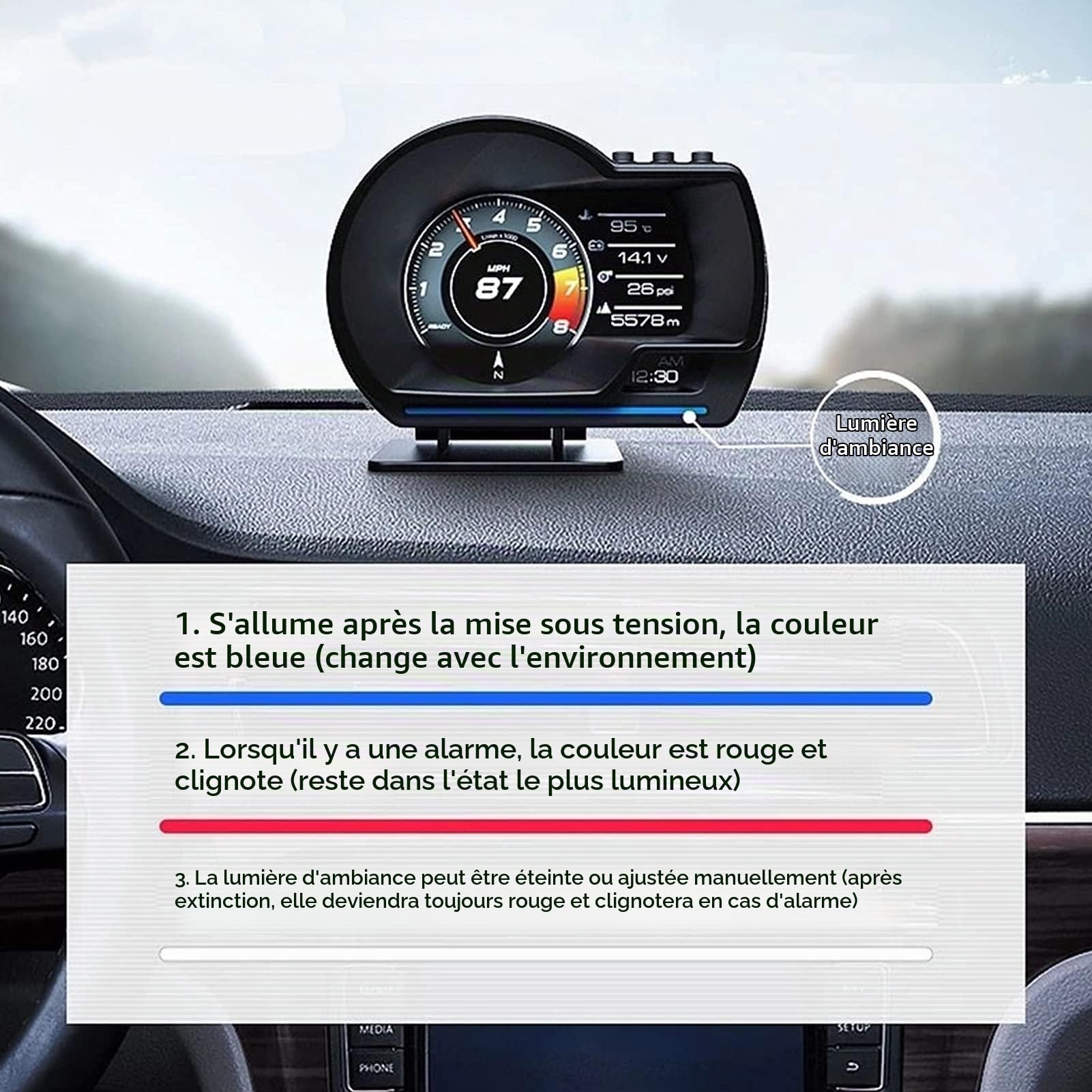 Keenso Affichage Tête Haute, OBD2 + GPS 11V-18V Jauge Intelligente Voiture HUD Compteur de Vitesse Alarme Turbo RPM pour Camion de Voiture Compteur de Vitesse