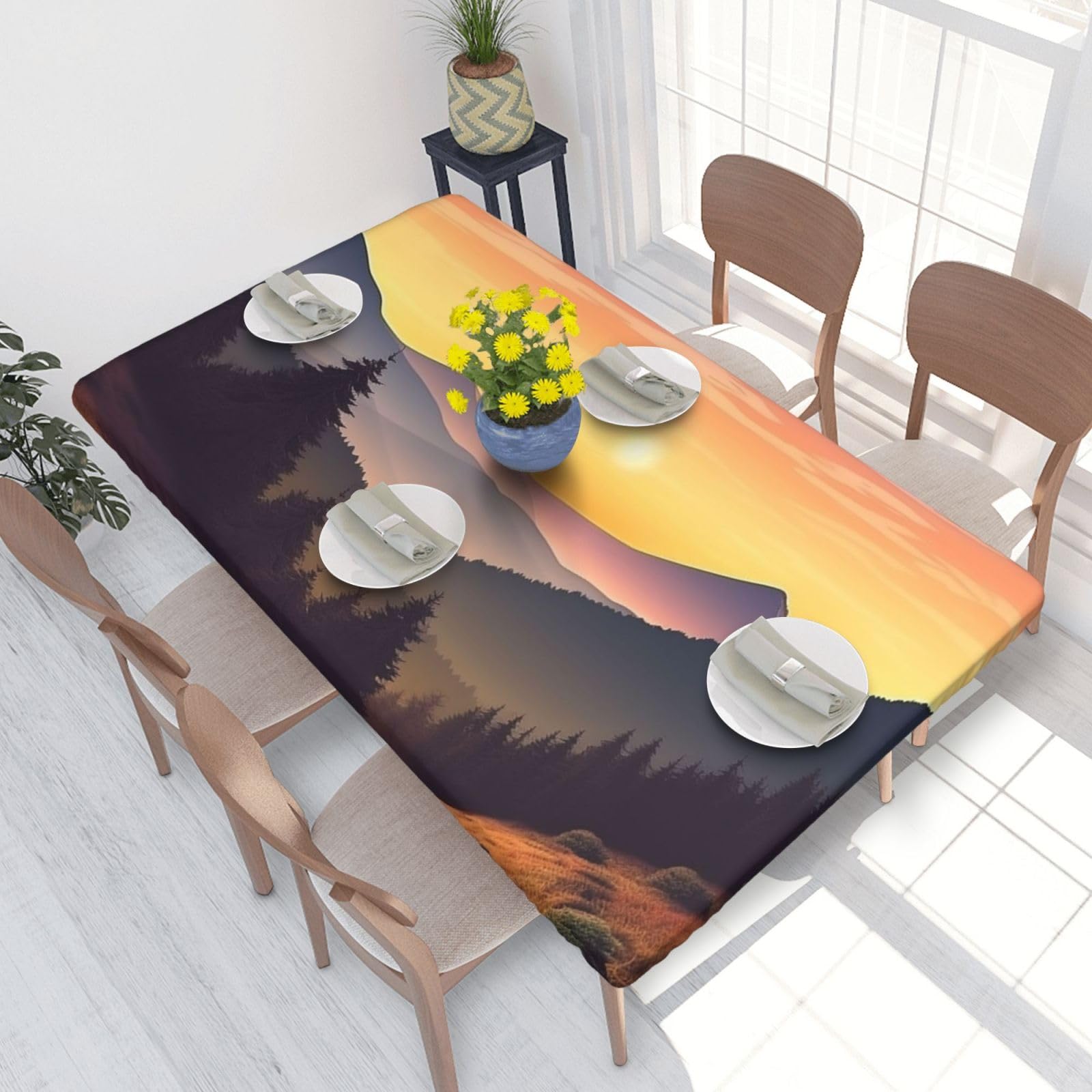Mountain Sunset Landscape Waterproof Square Table Cover Elastic Fitted Tablecloth Oil Proof Table Protector For 4ft Table