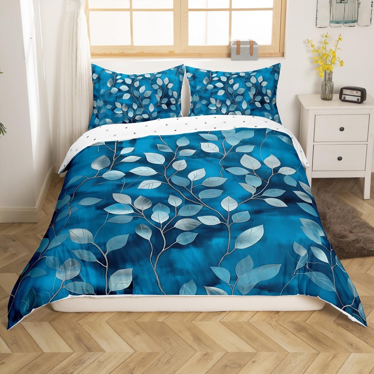 jejeloiu Kids Blue Floral Comforter Cover Toddler Size, Tropical Leaves Bedding Set Botanical Flowers Duvet Cover Boys Girls Teens Bedroom Decor Quilt Cover 2Pcs (No Comforter)