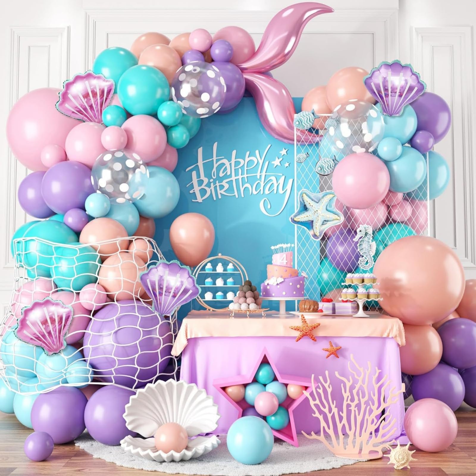 127PCS Mermaid Birthday Decorations Mermaid Balloon Arch Kit Under the Sea Balloon Garland Kit Blue Balloons Purple Balloons for Under the Sea Party Decorations