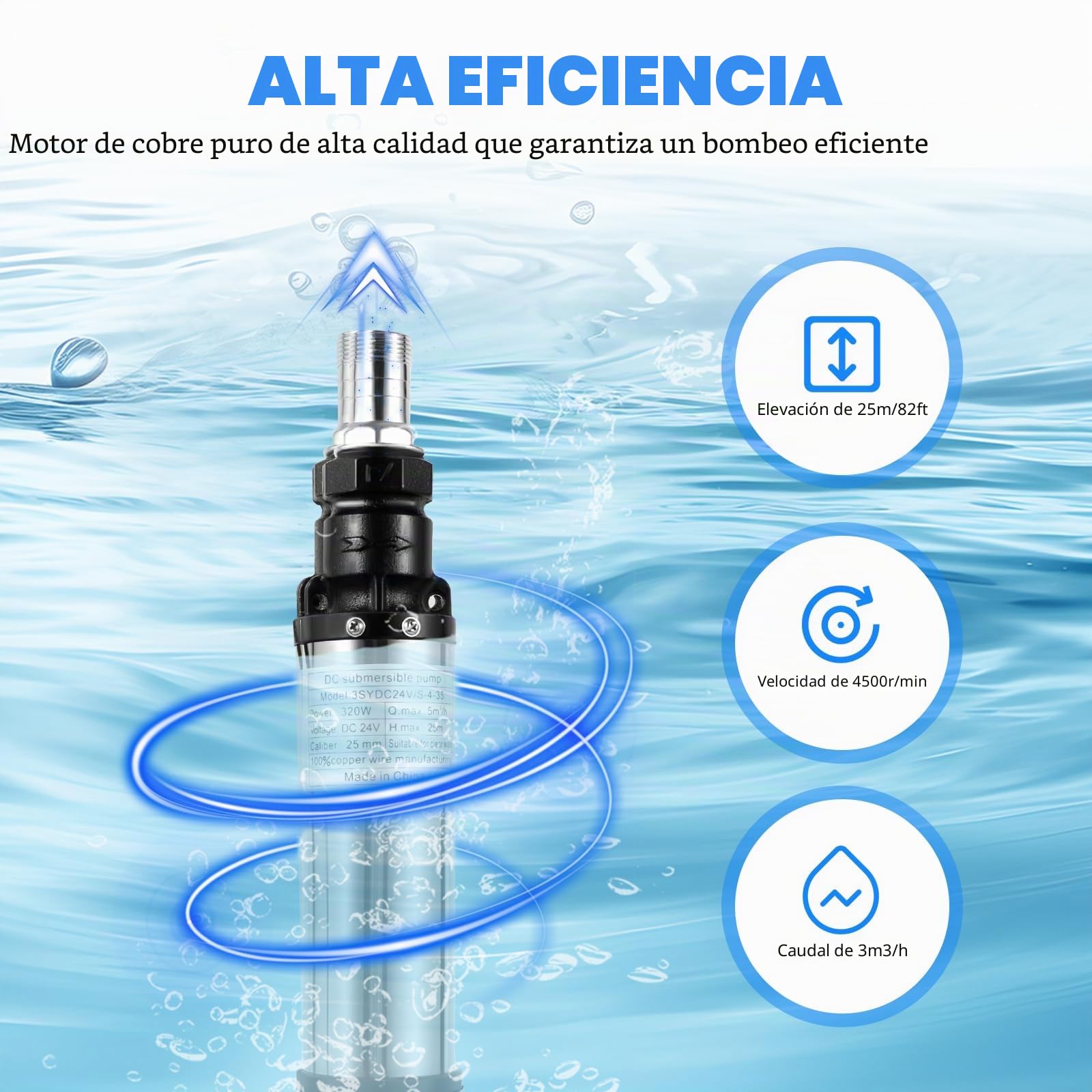 Bomba sumergible para pozos profundos, de acero inoxidable, 320 W, 3000 L/h, caudal de 25 m, IPX8, con filtro de suciedad y cable de conexión de 16 m, energía solar