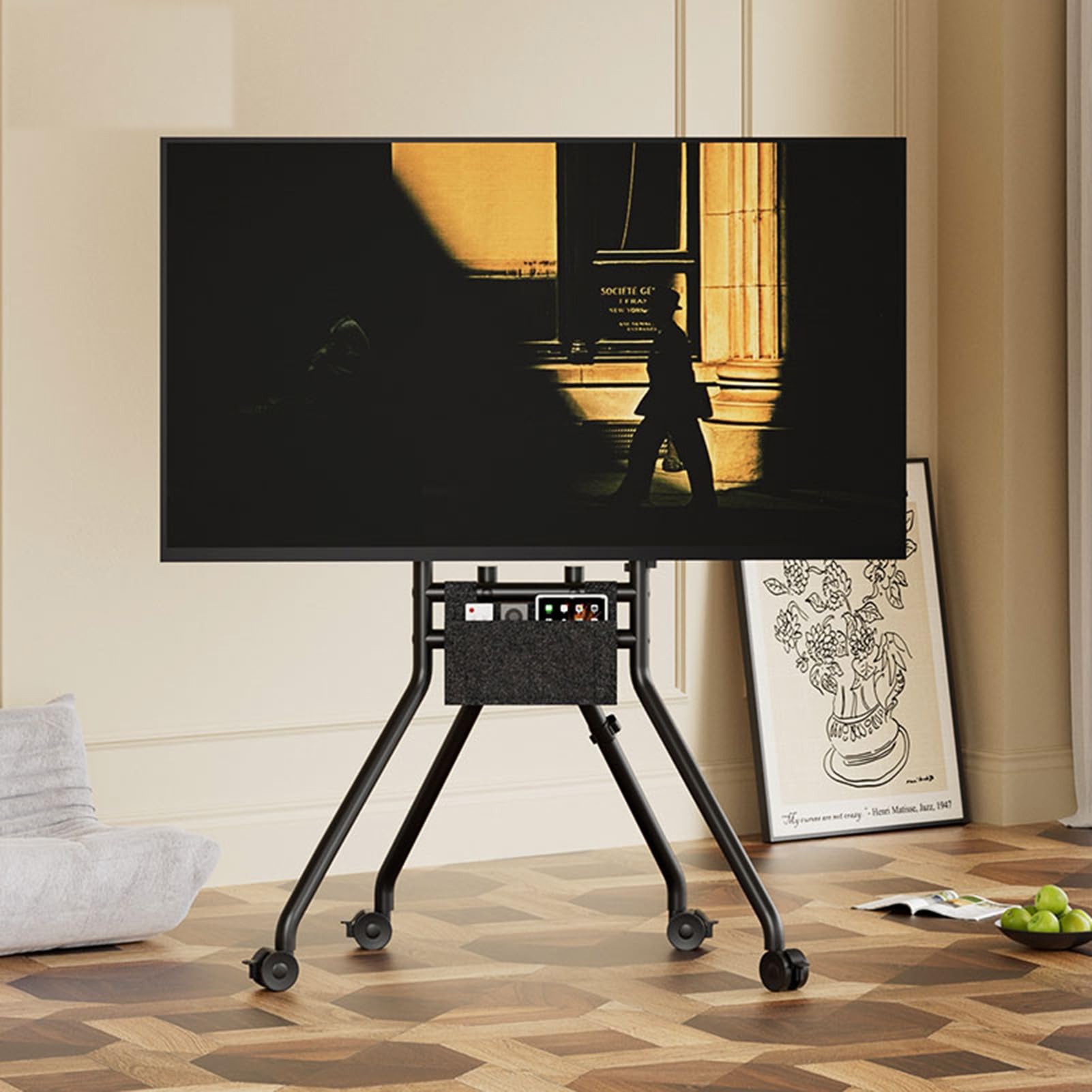 HPTHLY All-In-One Tv Floor Stand,Touchscreen Tablet With Wheels, Trolley With Storage For Flat And Curved Screen Led Oled Tvs(Black-55)