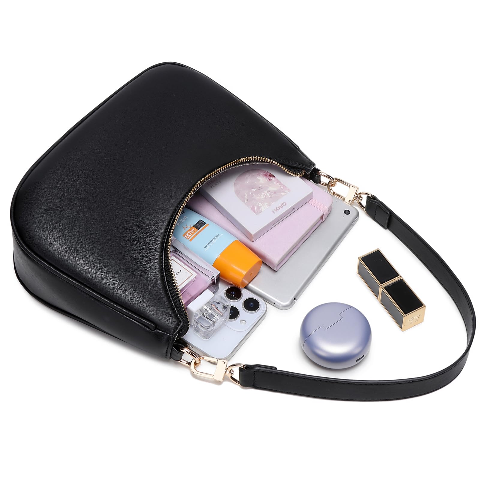 Women's Shoulder Bags Cute Hobo Purses Vintage Handbags with Zipper Lightweight Underarm for Dating Shopping Gift (Black) view 6