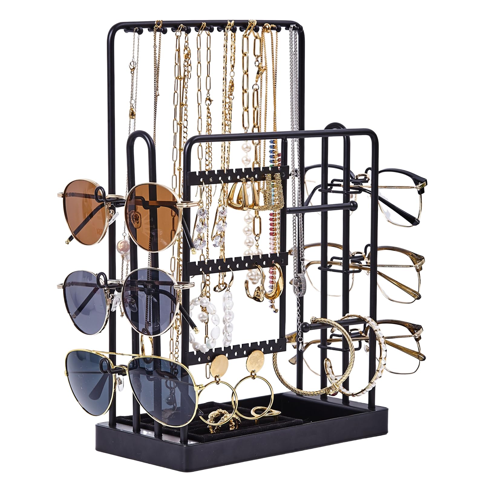 Islifekey Jewelry Stand Holder Organizer, Sunglass Organizer for 6 Pairs of Eyewear Display, 3 Tier Jewelry Stand Necklace Holder, Gift for Women, Jewelry Holder for Necklace, Earring, Bracelet, Ring