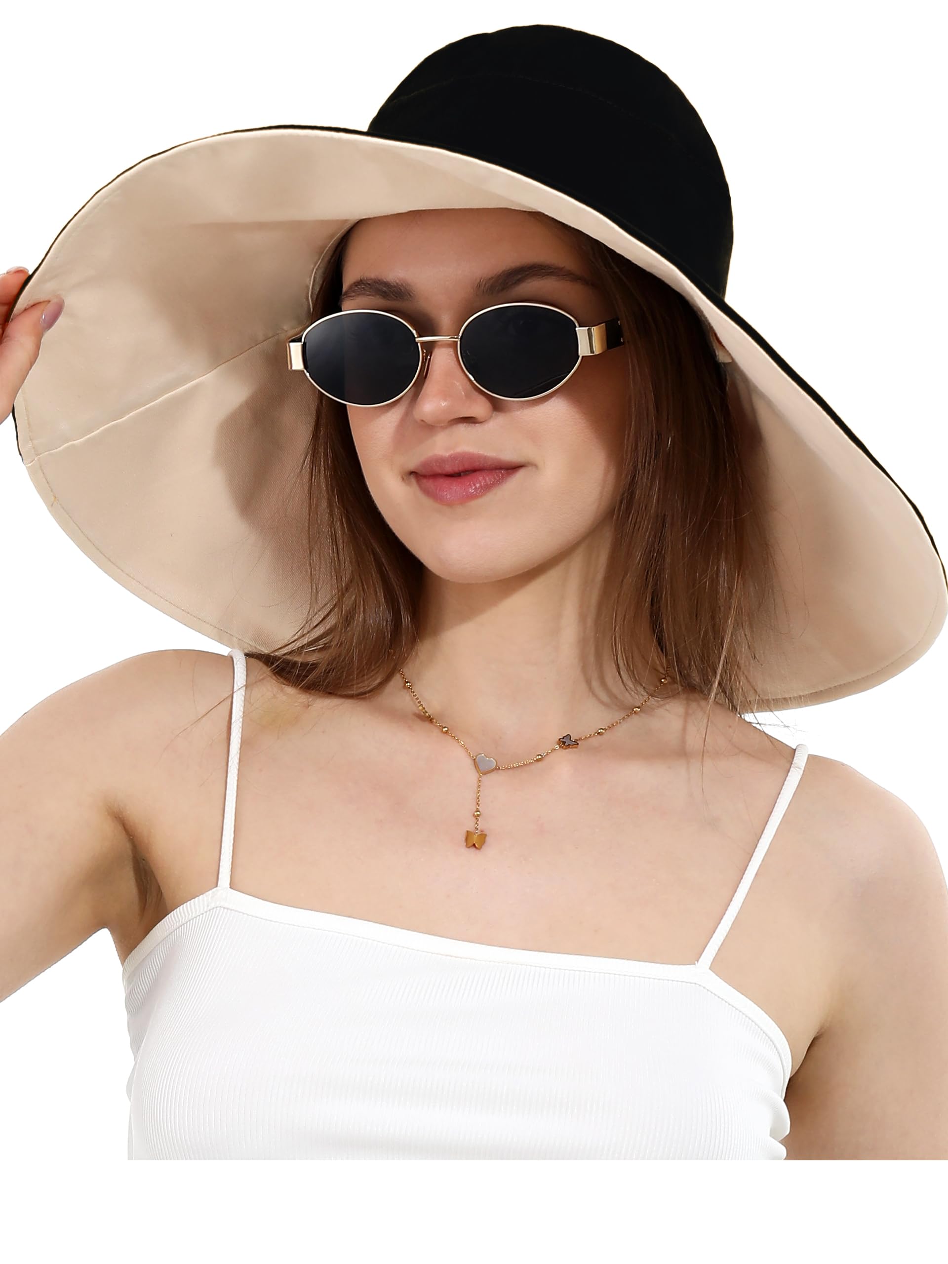 Chapeau de Pêche Réversible Femme en Coton Ultra Large Bord Protection UV 50+ Pliable Bob Plage Été Corde Brise Vent