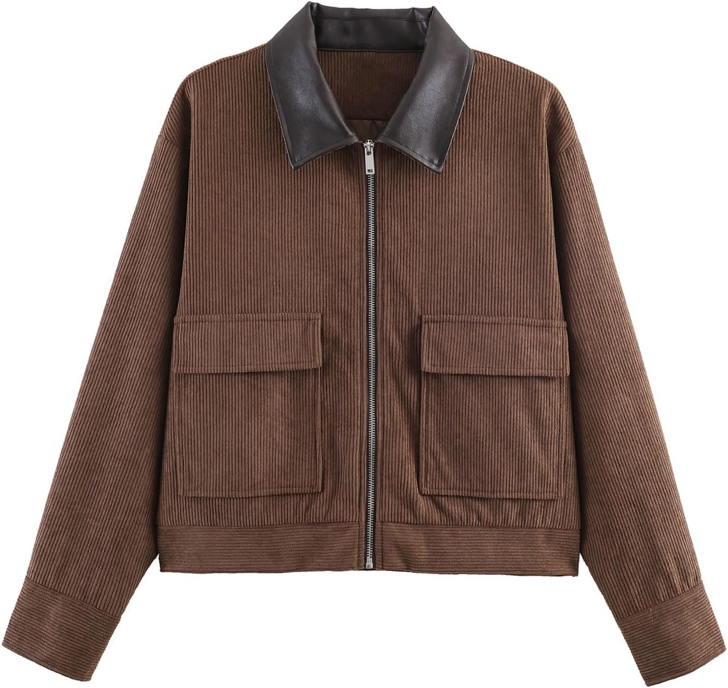 Womens Cropped Corduroy Jackets Causal Contrast Collar Zip Up Long Sleeve Work Out Jackets with Pockets Green Small