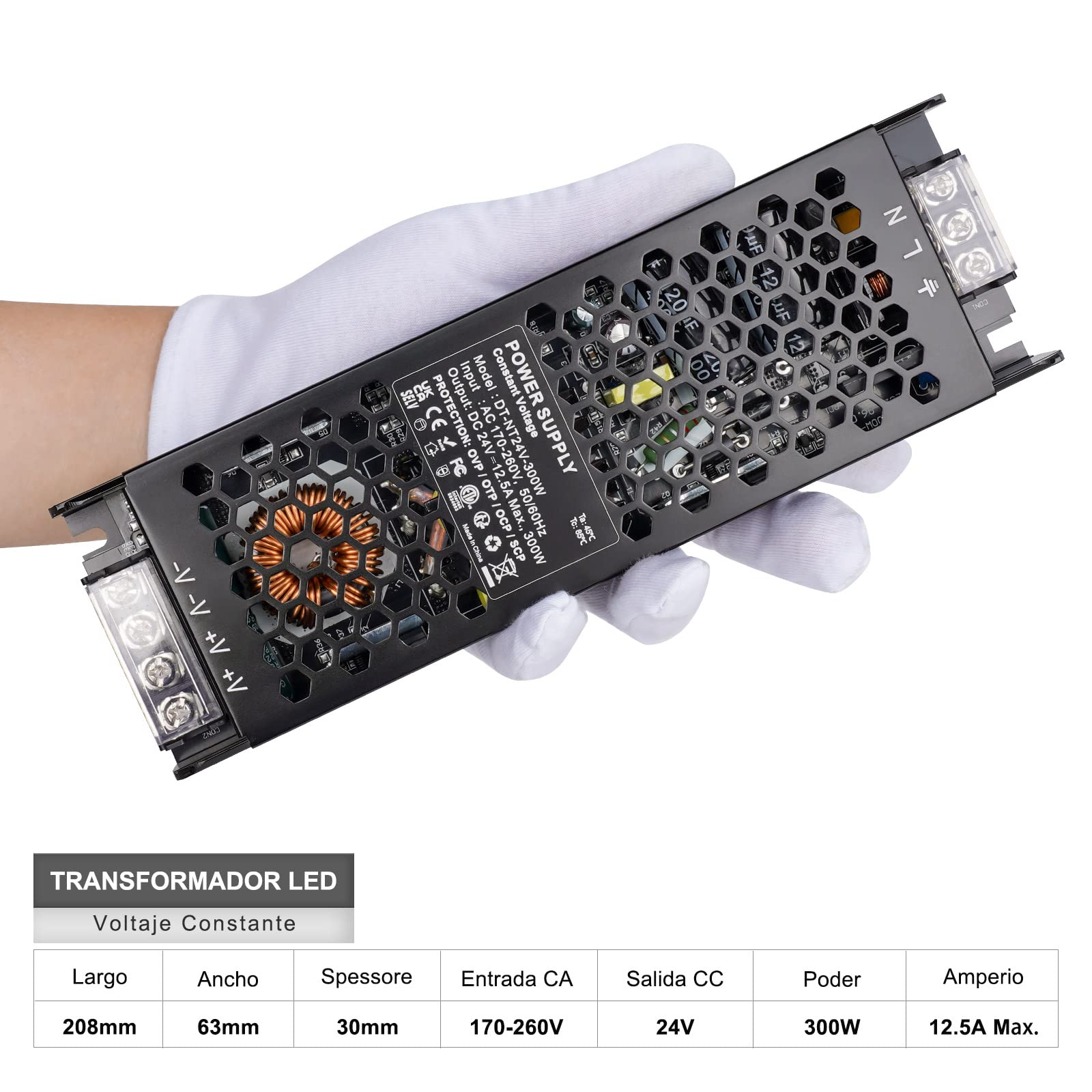 REYLAX Transformador 220V a 24V 300W 12,5A, Fuente Alimentación de Voltaje Constante, Transformador de conmutación de CA a CC, Driver de Bajo Voltaje para Tiras LED, Luces de Gabinete