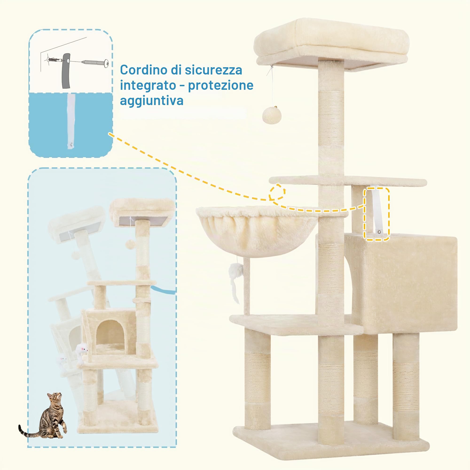 Hey-brother Tiragraffi per Gatti, con Cuccia, Topolino finto, MPJ004SM | 110cm Albero per Gatti Multilivello, Cesta, Piattaforme in Peluche, Pompon, Ideale per gattini da interno, Beige