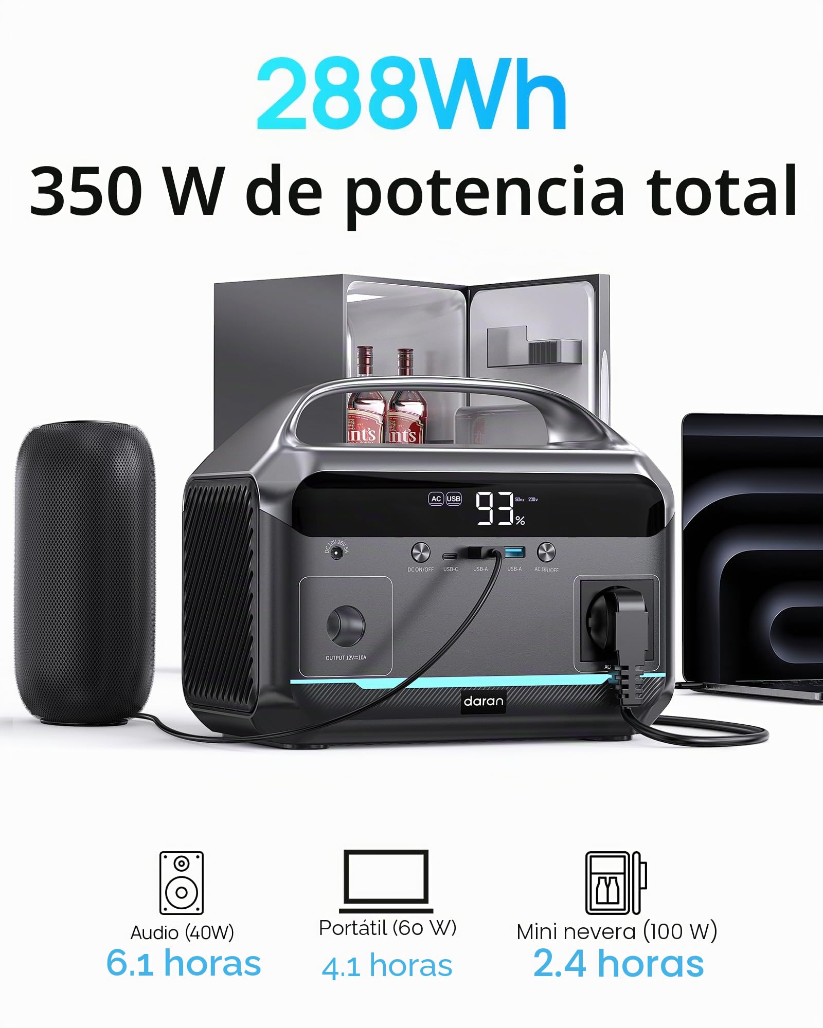 Estación de energía portátil de 350 W, batería LiFePO4 de 288 Wh, generador solar con 1 enchufes de 350 W CA (punta de 700 W), carga rápida en 2,2 horas, almacenamiento de corriente móvil para