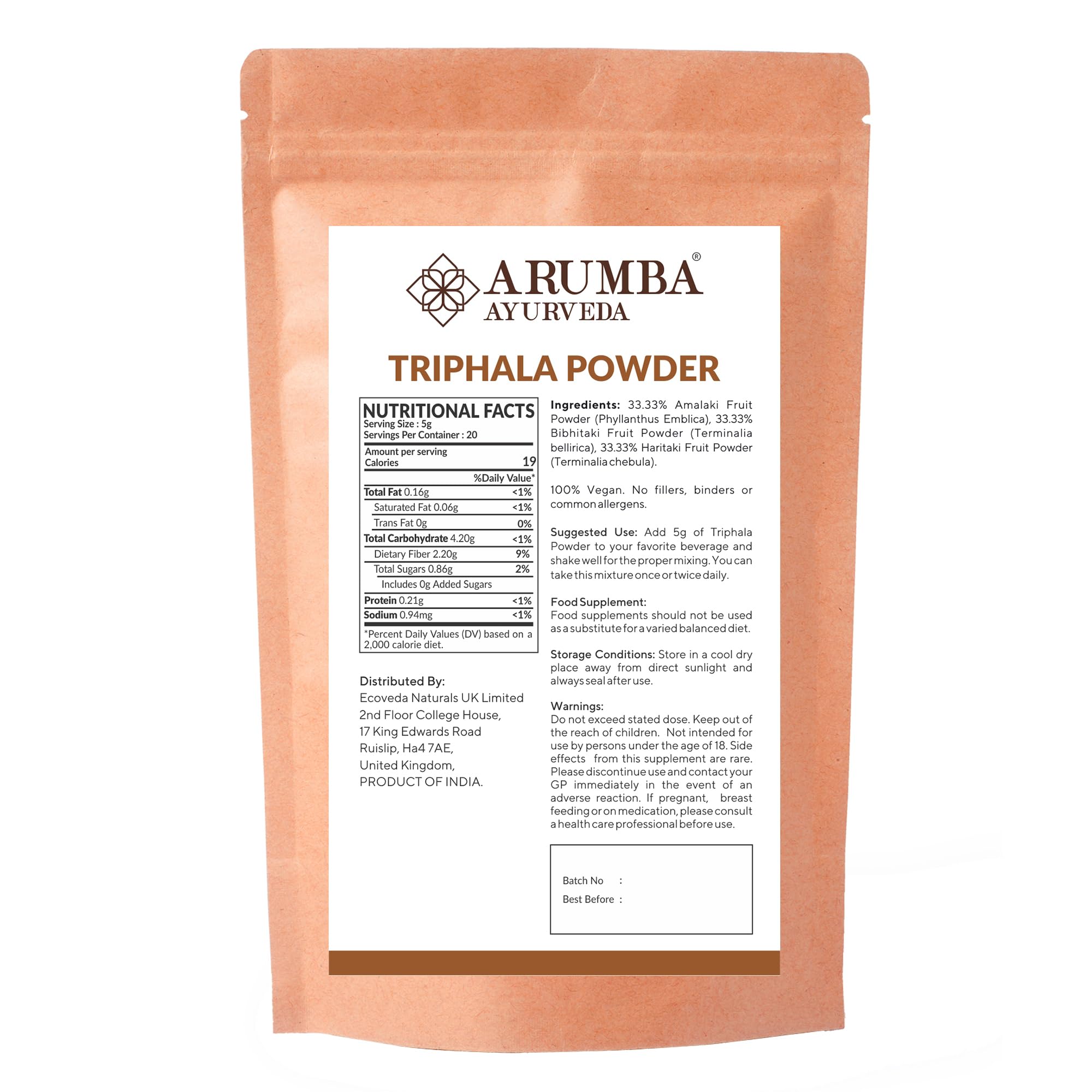 Triphala - Polvere da 100 g per alleviare la stitichezza, Haritaki, Bibhitaki, Amla, Cleanse Vitamina C, Digestione