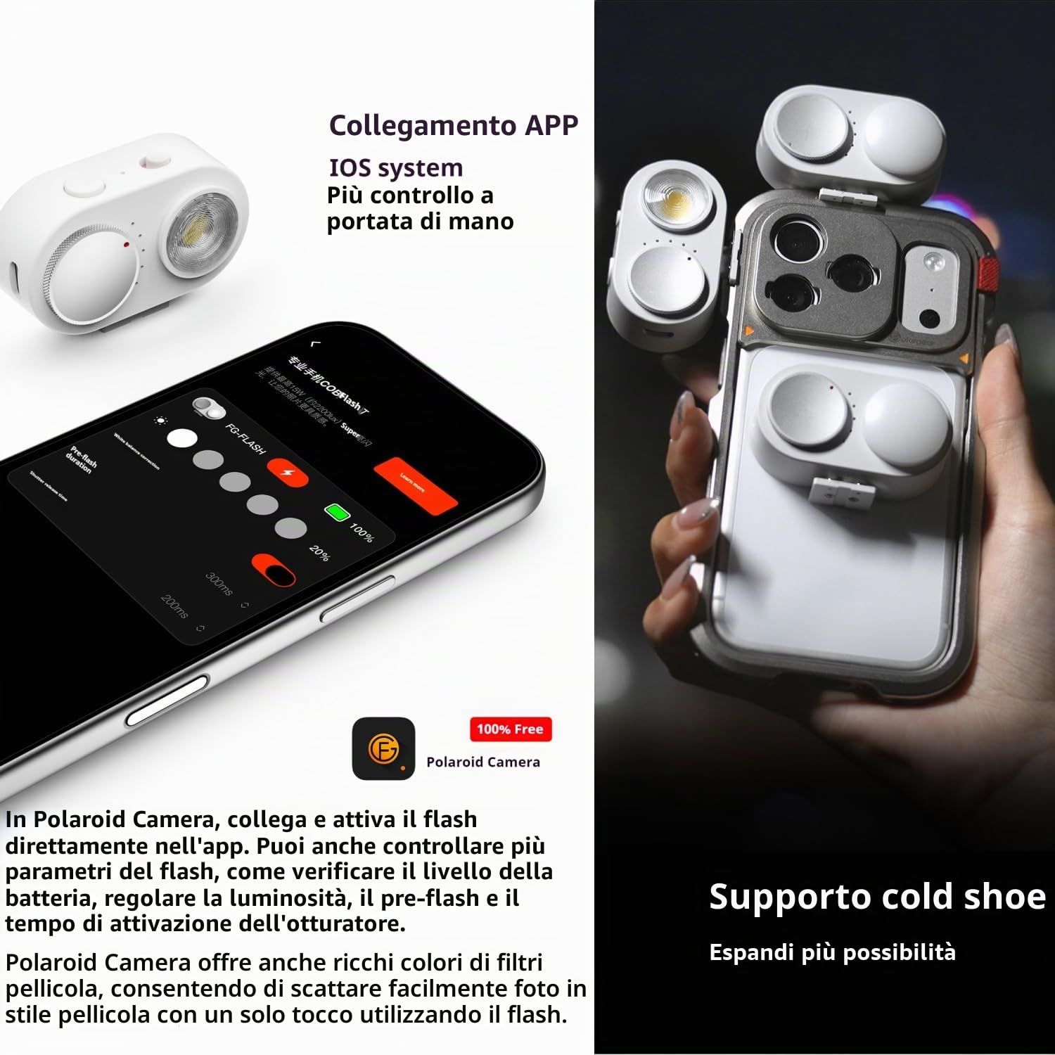 Fotogear FL01 COB - Luce flash per cellulare, 15 W, adesione magnetica, 35 g, 5700 K/92 + CRI, compatibile con iOS/Android per luce notturna, ritratto e fotografia di prodotto