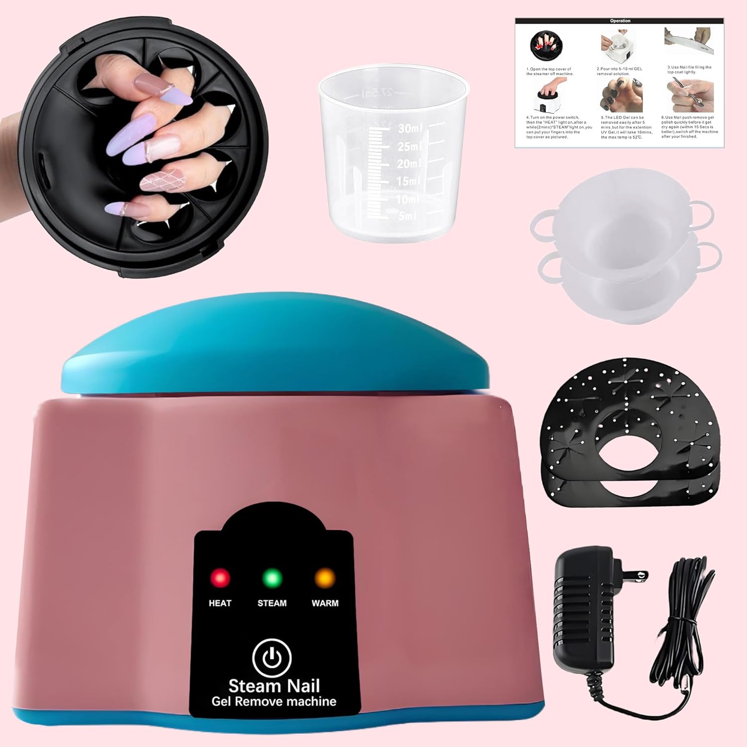 50W Electric Gel Nail Polish Remover Steamer - Steam Off Acetone Nail Soaking Bowl Kit with Measuring Cup, DIY Soak Off Machine for Gel/Acrylic Nails/Nail Glue, Home Use (Pink)