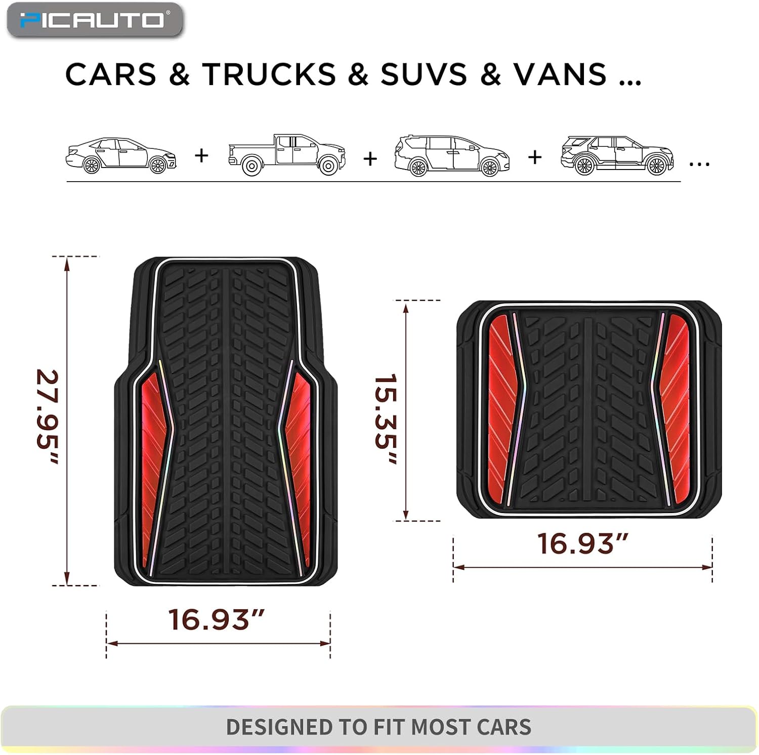 PIC AUTO Car Floor Mats, Red Aluminum-Molded with Full-Circle Iridescent Inlay Strip Car Mats, Universal-Fit Rubber Mats for Cars, Trucks & SUVs, All-Weather, Non-Slip, Easy-to-Clean Interior Mats