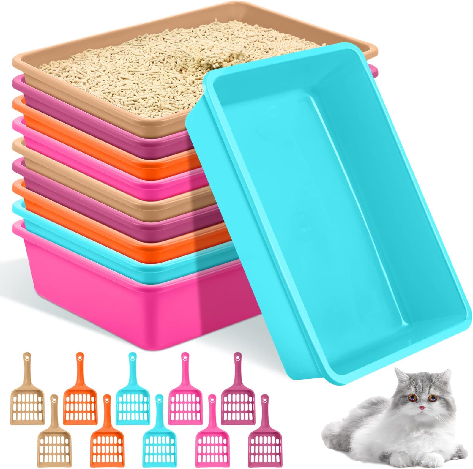 10 Pcs Open Cat Litter Box Kitten Litter Pan with 10 Scooper Medium Plastic Pet Tray Durable Nonstick Kitten Box for Indoor Pets Cats Rabbit Supply Easy to Clean,14.6x10.6x3.4 Inch, 5 Color