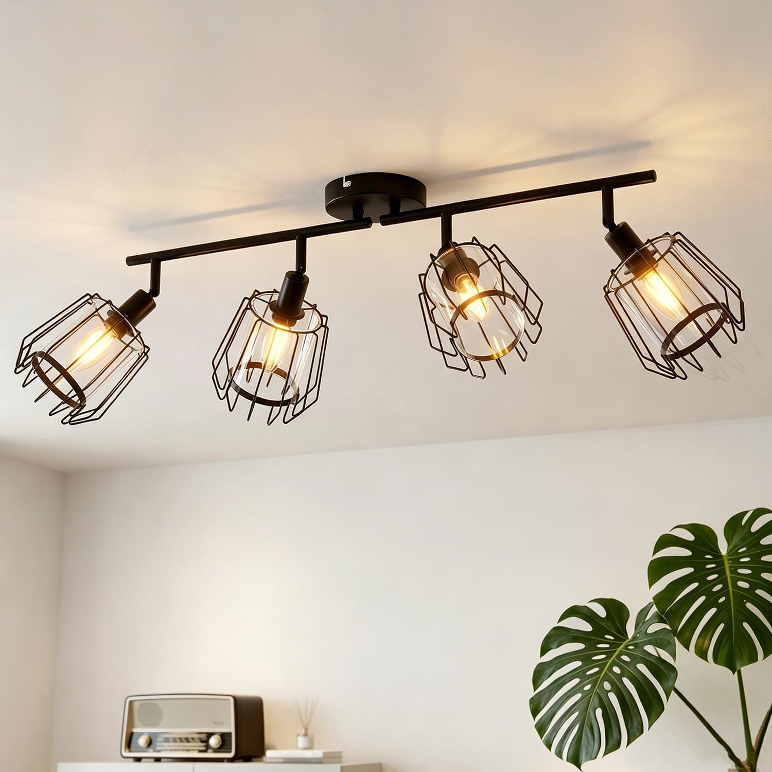 LVWIT Faretti Soffitto Orientabili, Plafoniera 4 Faretti Industriale, Lampadario E14 Nero, Plafoniera Soggiorno Faretto Vintage per Barra, Salotto, Cameretta, Cucina, Corridoio (Senza Lampadina)