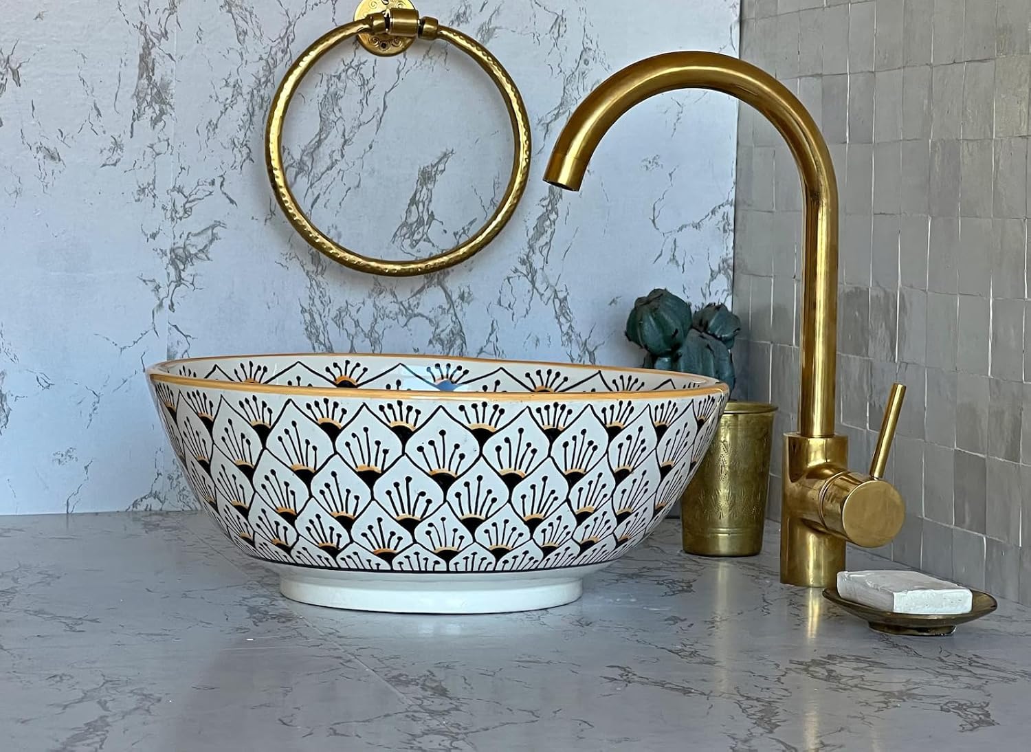 Handmade Ceramic Sink, Above Counter Vanity Vessel, Moroccan Basin Sink, Sink Bowl with, Handwash Countertop Vanity Basin, Farmhouse Bathroom Basin, Hand Painted Sink with 2 Gifts (12"= 30cm)