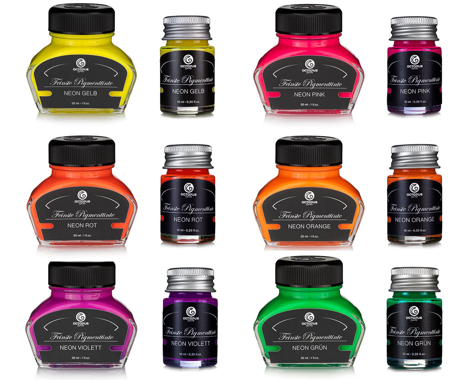 Octopus Fluids Neon-Textmarkertinte für Füllhalter, 6 x 30 ml | Sechs Neonfarben, pigmentiert und lichtecht, zum Markieren und Schreiben, fluoreszierend unter UV-Licht