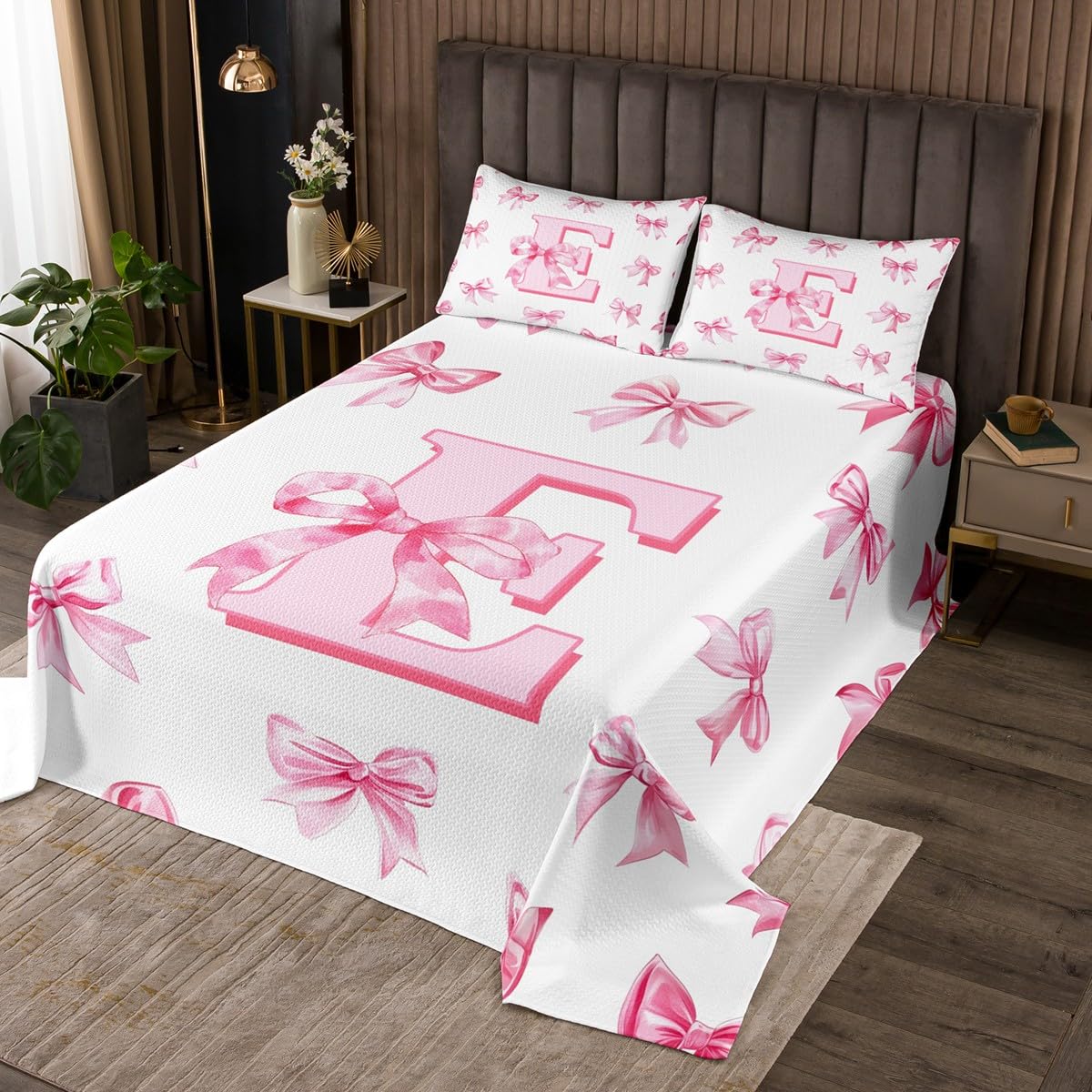 Erosebridal Dreamy Princess Bowknot Girls Queen Bedspread Sets Kids Pink Initial Letter E Coverlet Sets Cute Kawaii Letter Bow Quilt Set Romantic Chic Bowknot Bed Set Room Decor