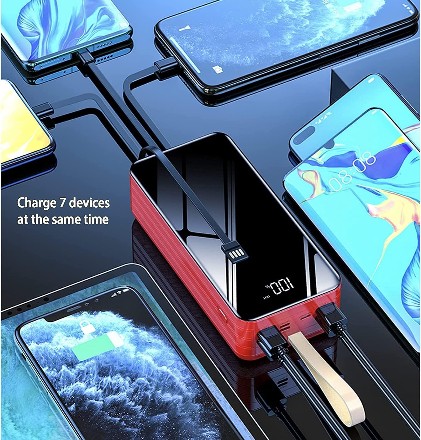 100000Mah Alta Capacidad Bancos De Energía Cargador Portátil Admite Carga Rápida De 2,1A Paquete De Batería Carga 7 Dispositivos para Teléfonos Inteligentes, Tabletas, Consolas De Juegos(Red)