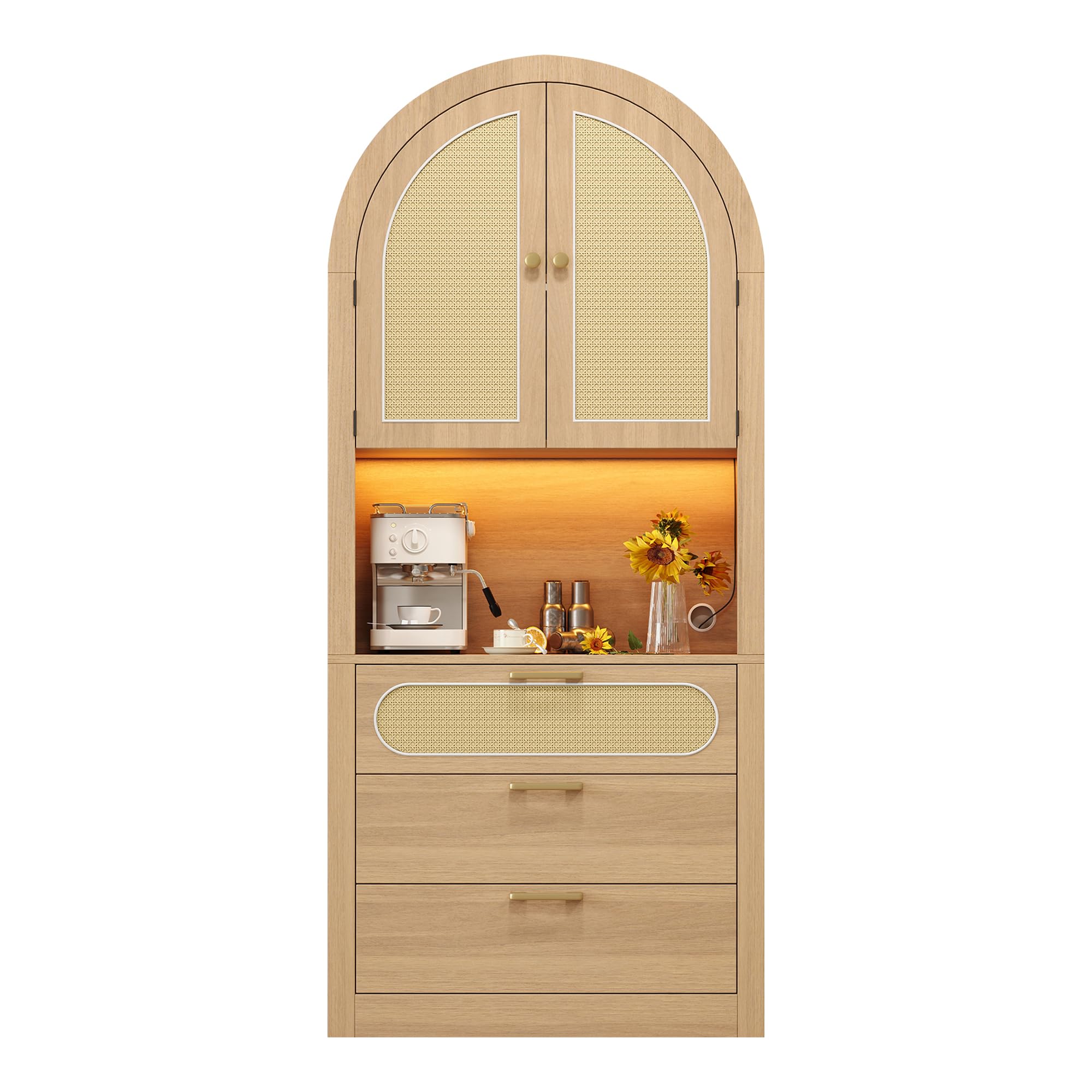 Azkoeesy Librería Curva Vitrina Alta 80x35x180cm con LED y Control App, 3 cajones y puertas con tiradores dorados, color roble claro + acabado ratán, moderno para salón y pasillo