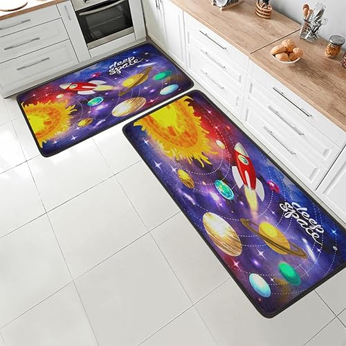 Miniatura 1 de Space Rocket - Tapete de cocina con patrón de galaxia 2 piezas acolchado antifatiga para suelo de cocina de 47 x 17 pulgadas29 x 17 pulgadas,