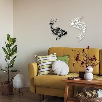 Xedatric Black & White Koi Fish Metal Wall Art,Yin Yang Koi Decor with Japanese Inspired Design,Rust Resistant Koi Fish Wall Art for Zen Spaces | Japanese inspired koi fish metal art decor, rust resistant, symbolizing balance for zen spaces, living room, office