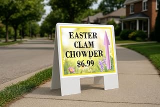 Easter Clam Chowder $6.99 Spring Flowers Yellow Field Up Arrows A-Frame Single Sided 23x23 in. sign