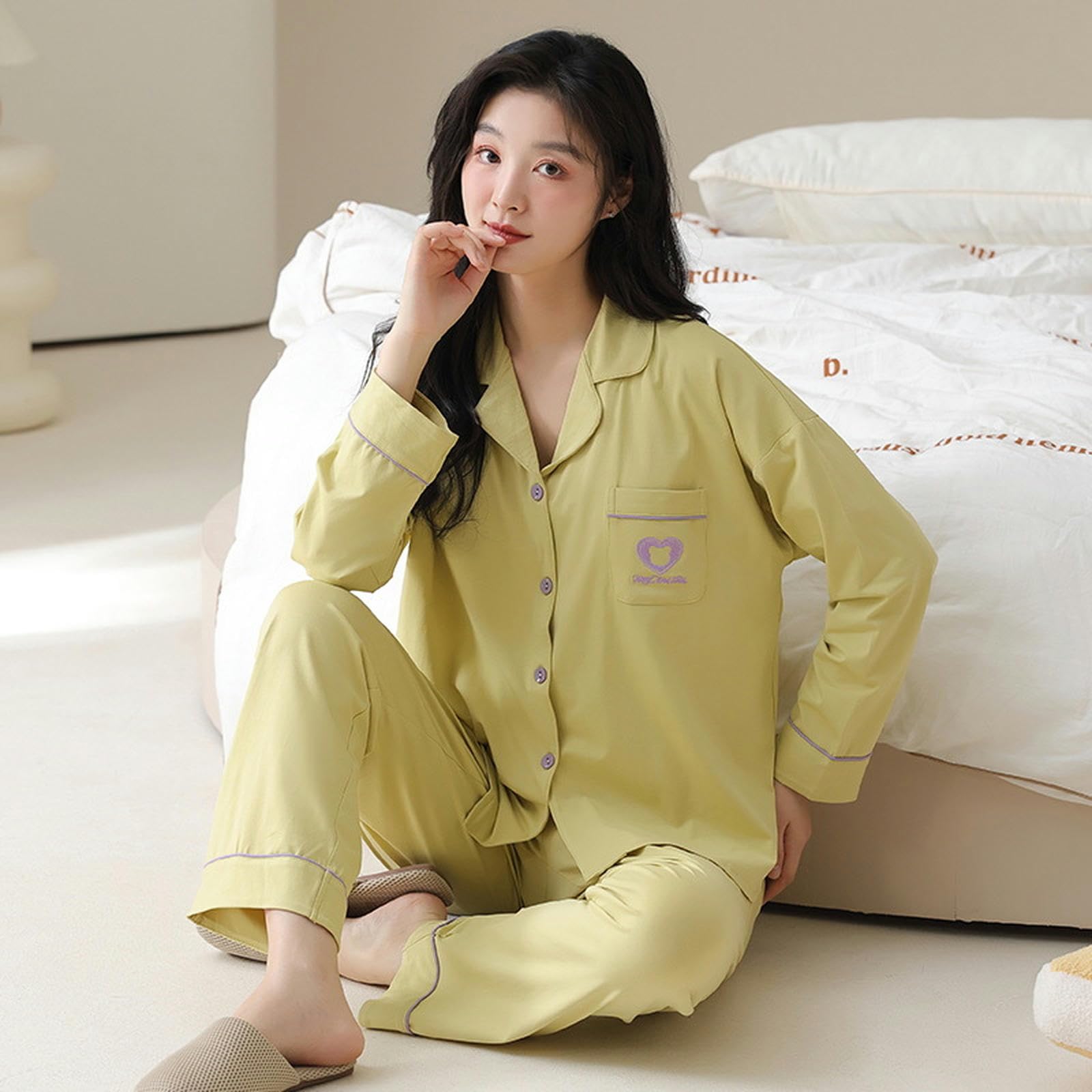 Pigiama Donna Pigiama da Donna A Maniche Lunghe Primavera Autunno con Protezioni per Il Petto - Completo da Casa in Cotone con Colletto A Revers, Morbido E Confortevole-Giallo-m
