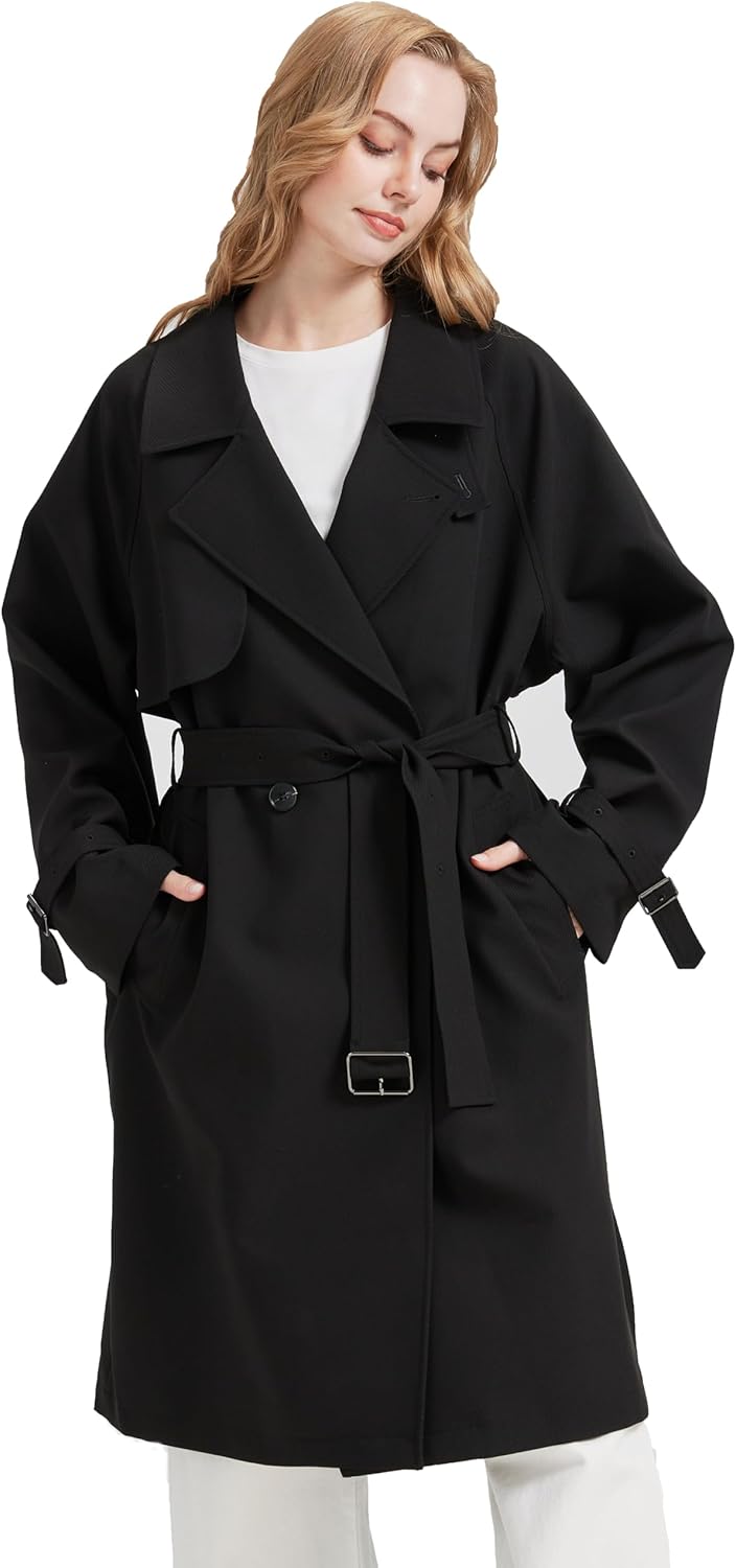 Womens Oversized Long Trench Coat Double Breated Lapel Overcoat With Belt