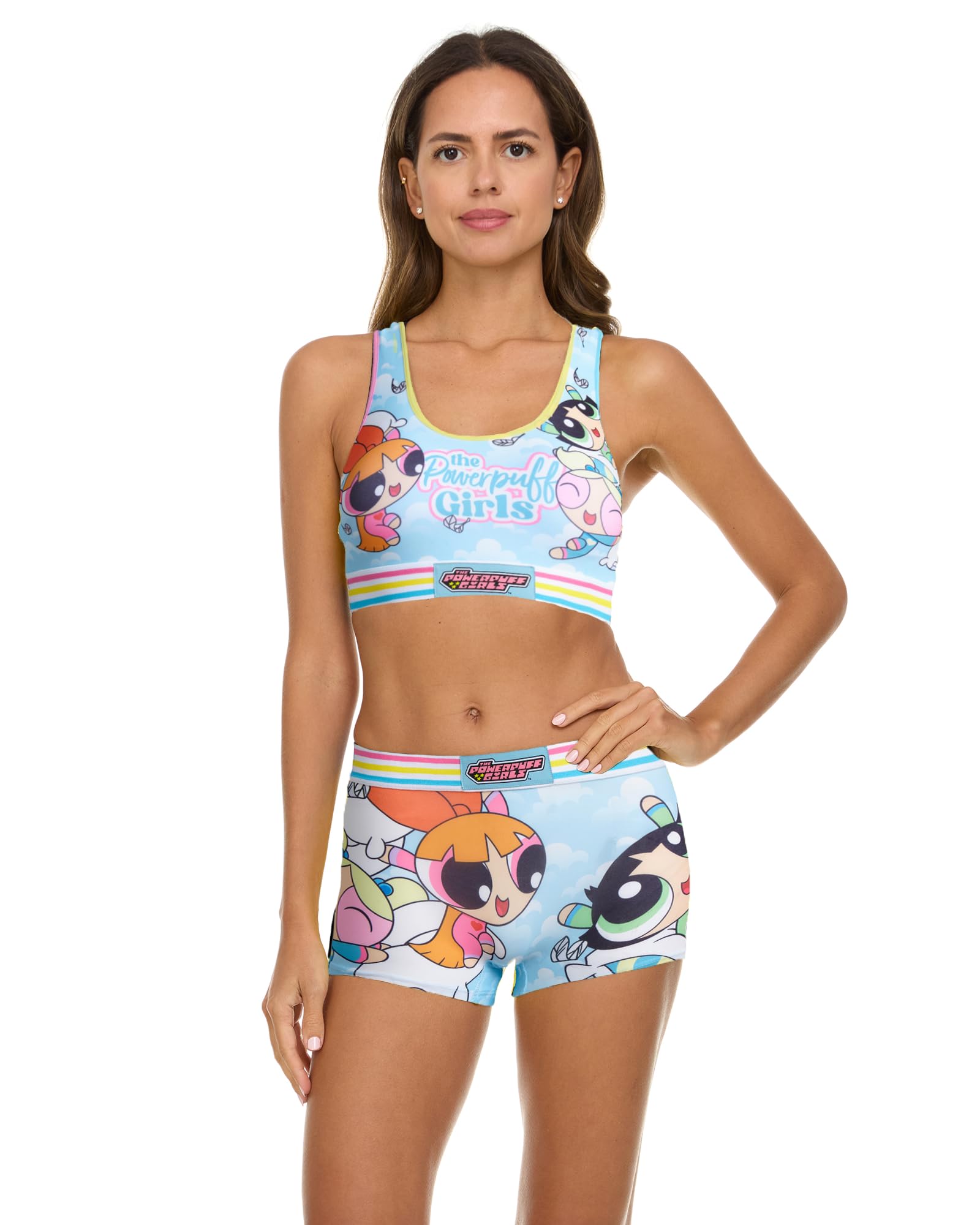 COCO BRANDS Womens Underwear Set - 2 Piece Racerback Sports Bras for Women and Boys Shorts Womens Bra and Panty Set S-3X Plus, Powerpuff Light Blue, Large