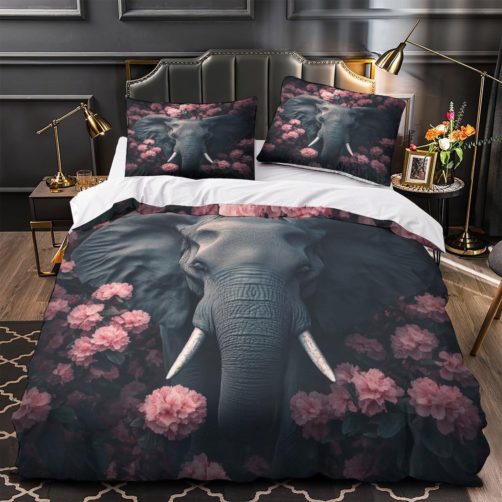 Parure housse de couette éléphant 3D drap de lit microfibre hypoallergénique 220x240