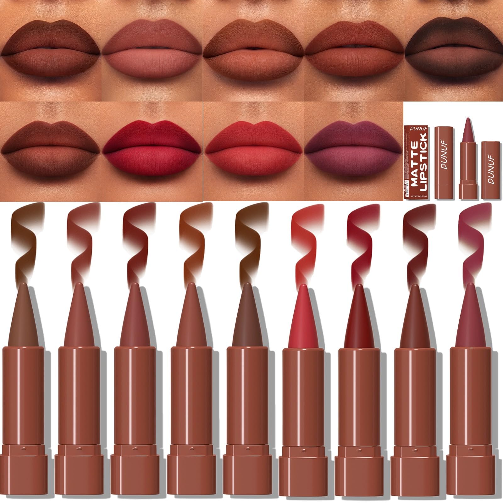 Set mit matten Lippenstiften, samtiger Farbverlauf, mit einziehbaren Lippenstiften, langlebig, für Damen und Geschenk (9 Stück Nr. 01 Nr. 09)
