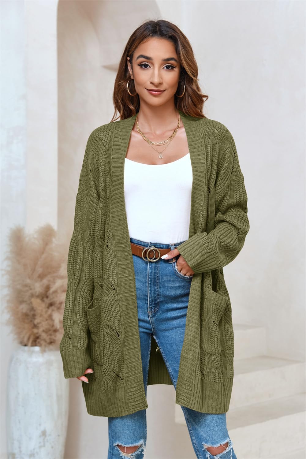 Miladusa Women's Cardigan Sweaters Long Sleeve Plus Size Solid Cable Knit Open Front Outerwear with Pockets - Image 5