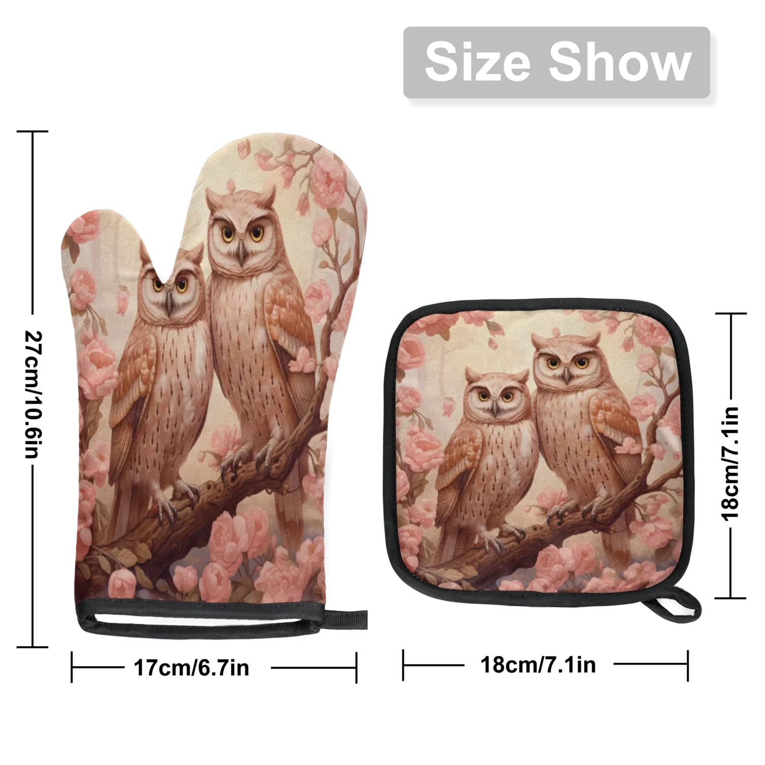Tree Branch Flower Owls Oven Mitts Kitchen Oven Gloves for Cooking Baking Heat Proof Lining Cotton Kitchen Potholder Mittens Pot Holders Hot Pads for Chef Women Men